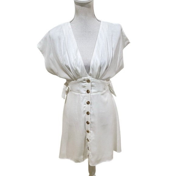 FAVLUX Fashion off white Textured linen look rayon mini dress side ties sz small - Picture 2 of 10